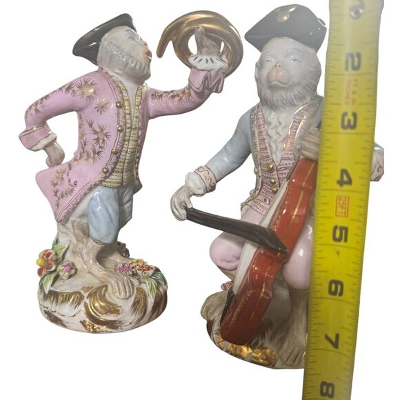 Meissen Style French Porcelain Monkey Band Figurines Set (2) - Picture 3 of 3